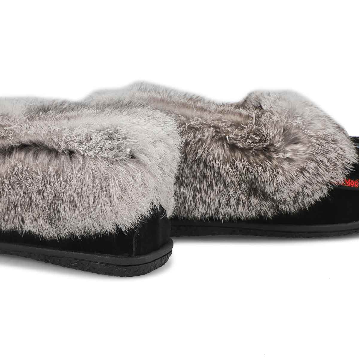 Women's Cute 5 Rabbit Fur SoftMocs - Black Grey