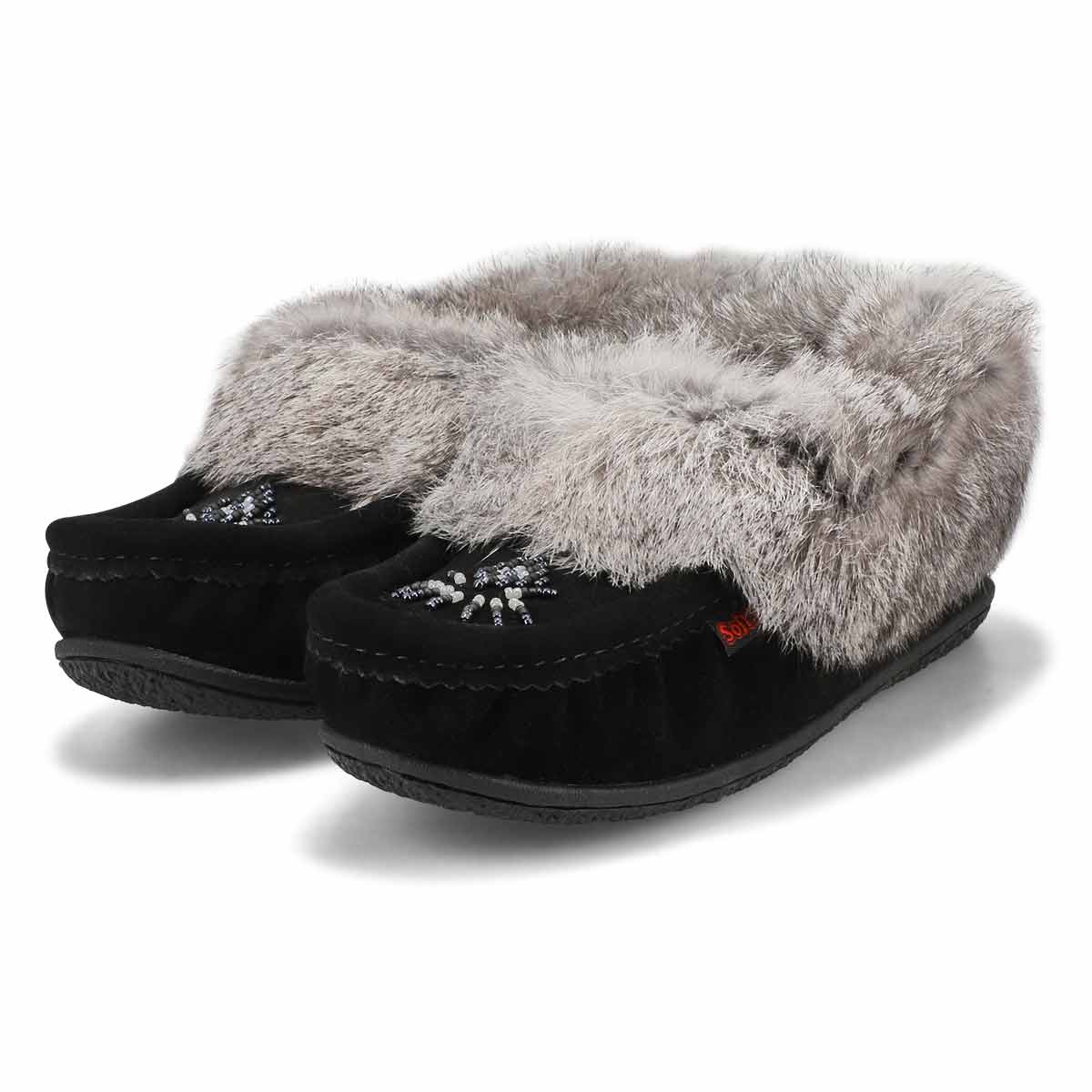 Women's Cute 5 Rabbit Fur SoftMocs - Black Grey