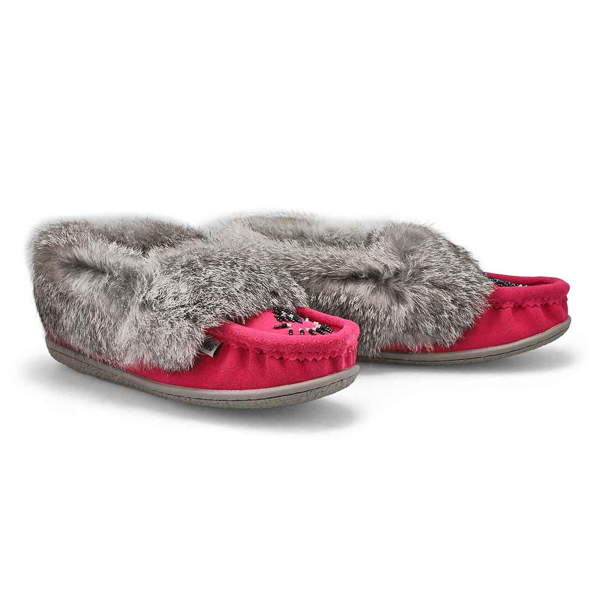 Women's Cute 5 Rabbit Fur SoftMocs - Fuschia