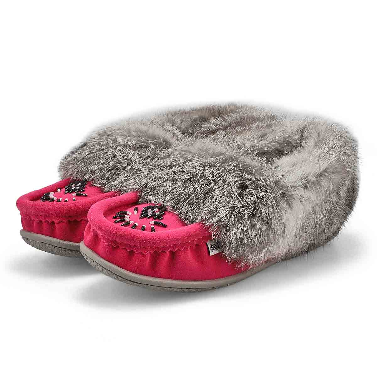 Women's Cute 5 Rabbit Fur SoftMocs - Fuschia