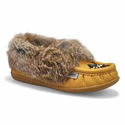 Lds Cute 5 Leather Rabbit Fur SoftMocs - Deer Cream