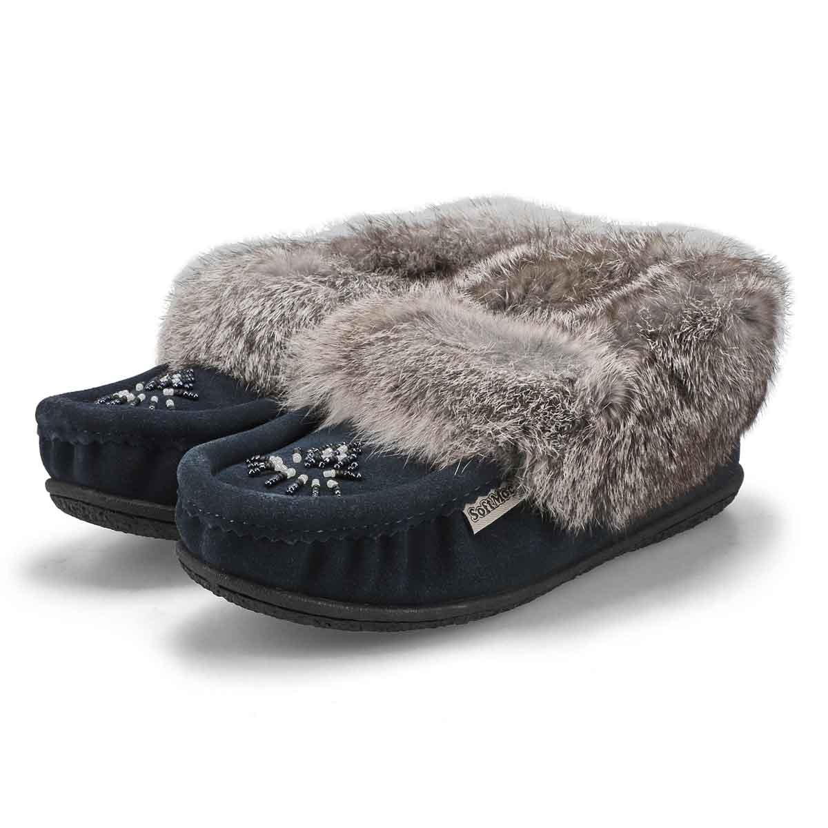 Women's Cute 5 Rabbit Fur SoftMocs - Navy