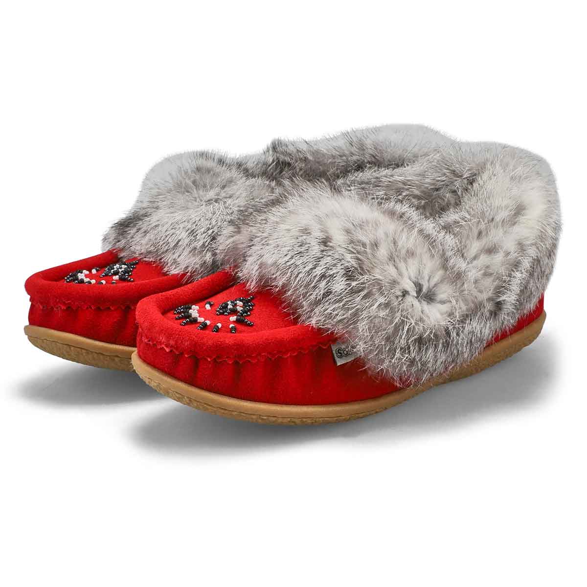 Ladies Cute 5 Rabbit Fur SoftMocs - Red