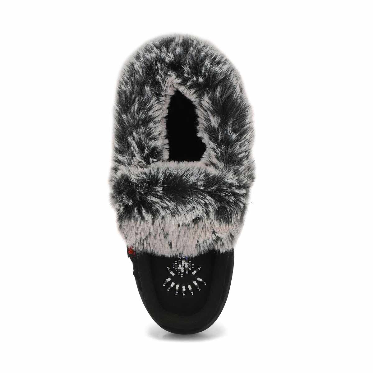Girls' Cute 6 Jr Faux Rabbit Fur Moccasin -Black
