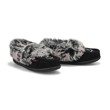 Girls' Cute 6 Jr Faux Rabbit Fur Moccasin -Black