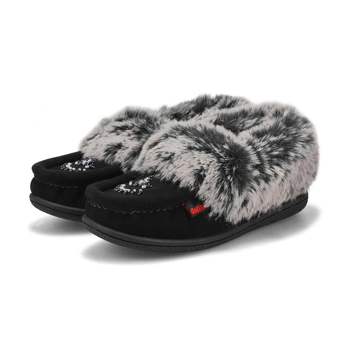 Girls' Cute 6 Jr Faux Rabbit Fur Moccasin -Black