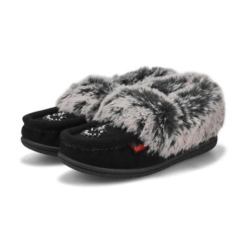 Girls' Cute 6 Jr Faux Rabbit Fur Moccasin -Black