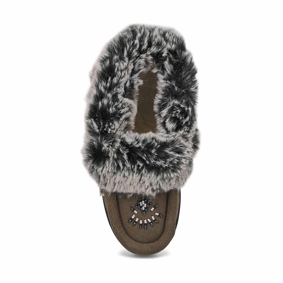 Girls' Cute 6 Jr Faux Rabbit Fur Moccasin - Grey