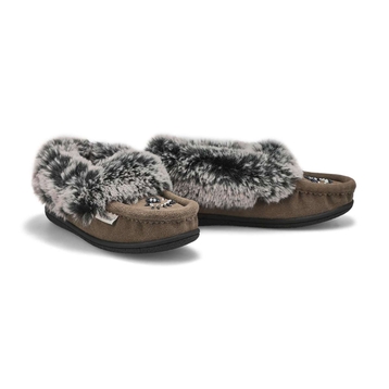 Girls' Cute 6 Jr Faux Rabbit Fur Moccasin - Grey