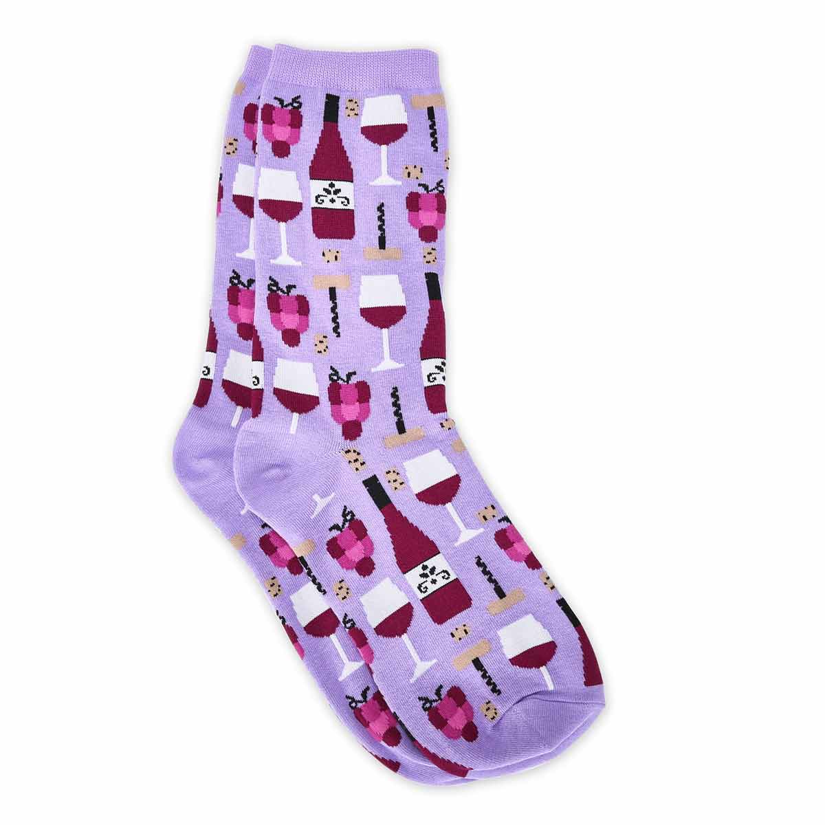 Women's Wine Crew Printed Sock - Lavender