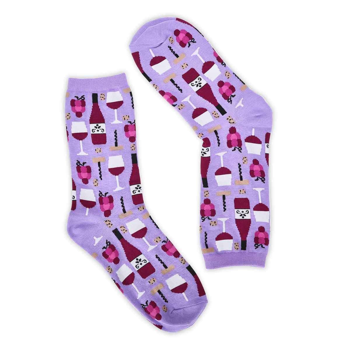 Women's Wine Crew Printed Sock - Lavender