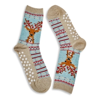 Women's Fuzzy Reindeer Non Skid Sock - Mint Multi