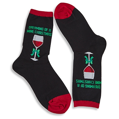 Lds Dreaming of a Wine Xmas blk prnt sox