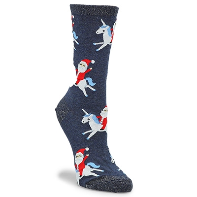 Lds Santa Unicorn Printed Sock - Denim