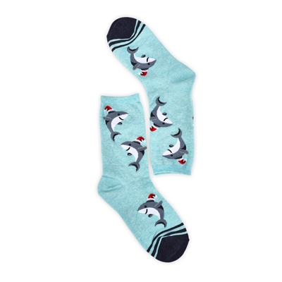 Lds Santa Shark Printed Sock- Mint/Multi