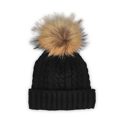 Lds W/Fur Pom Cable Stitch Hat-Blk/Fin