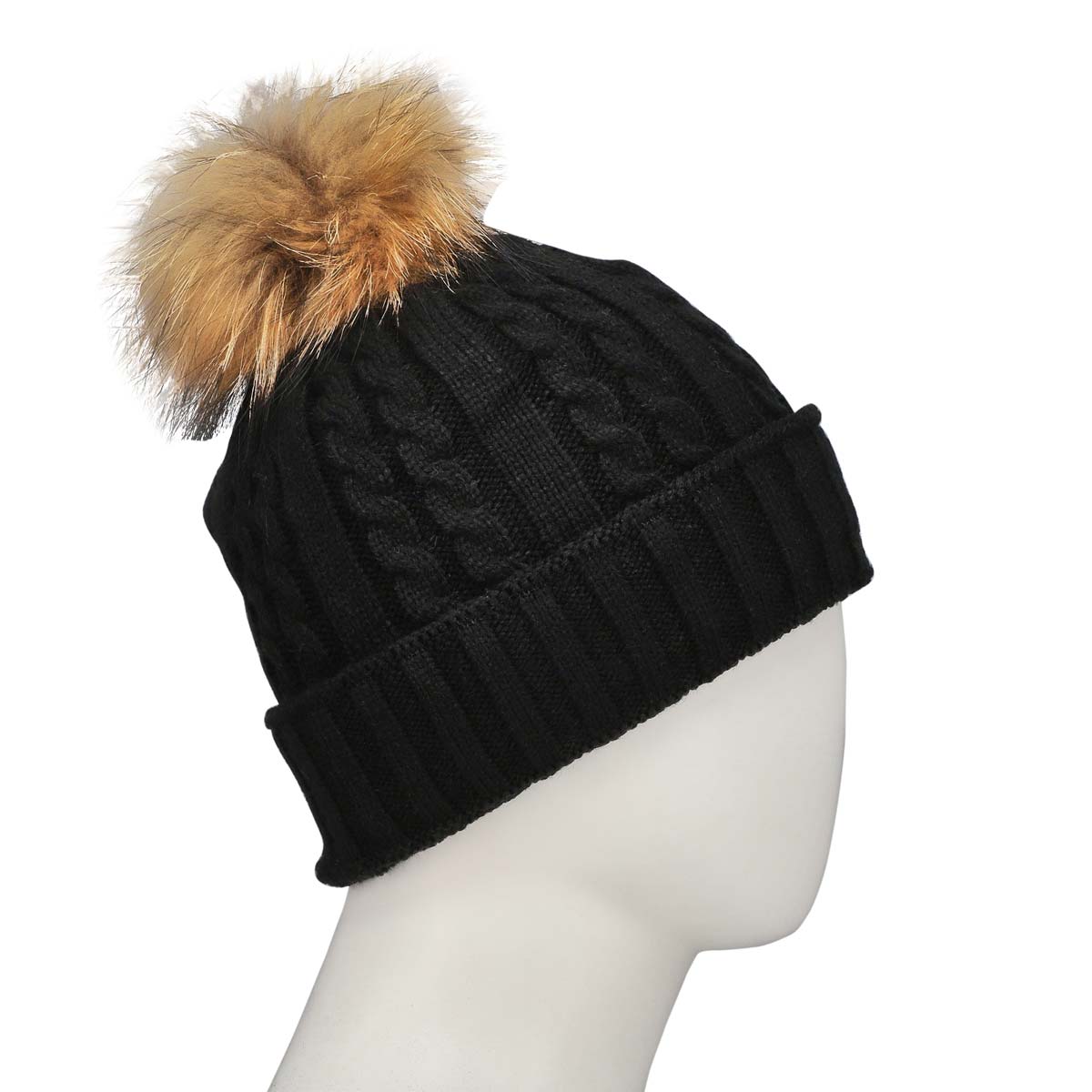 Tuque pompon/fourrure CABLESTITCH noir/brun, femme