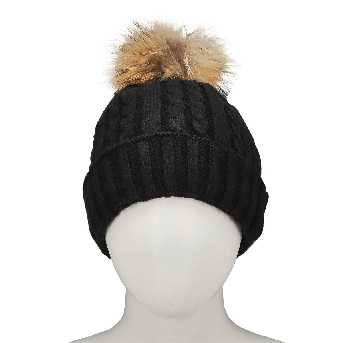 Tuque pompon/fourrure CABLESTITCH noir/brun, femme