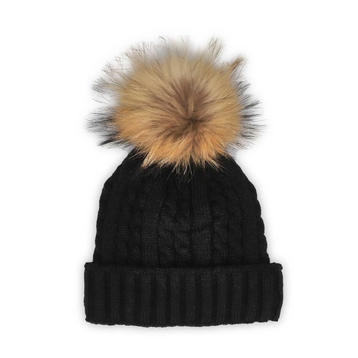 Tuque pompon/fourrure CABLESTITCH noir/brun, femme