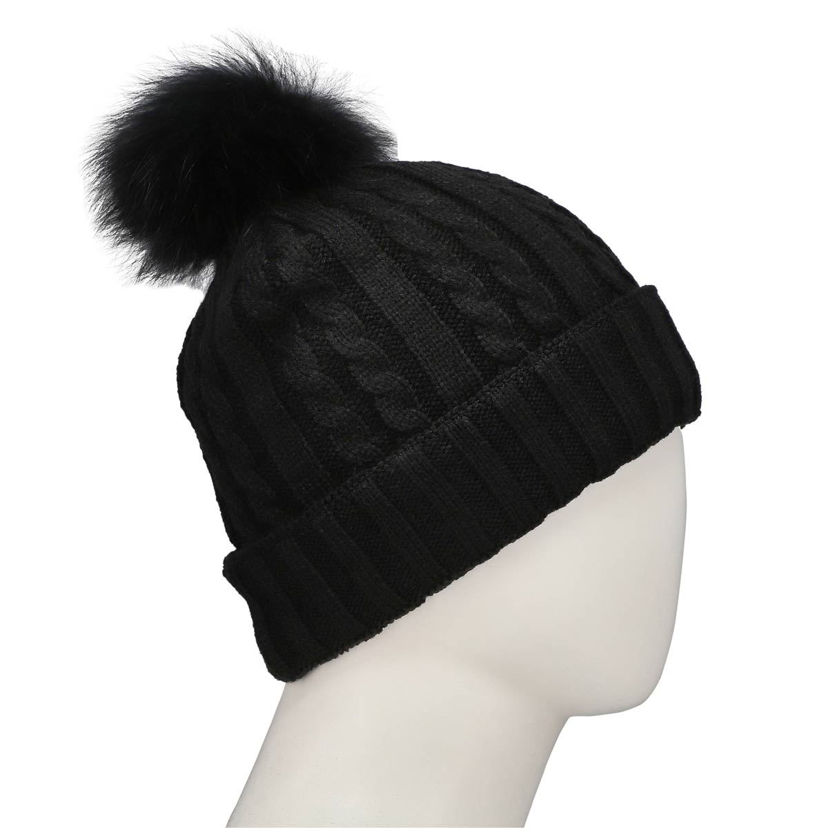 Women's black/black with fur cable stitch hats