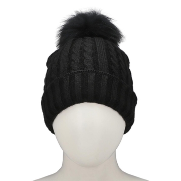 Tuque à pompon en fourrure CABLESTITCH noire femme