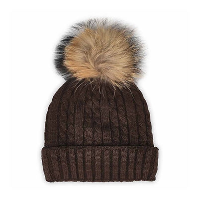Lds W/Fur Pom Cable Stitch Hat- Bowrn