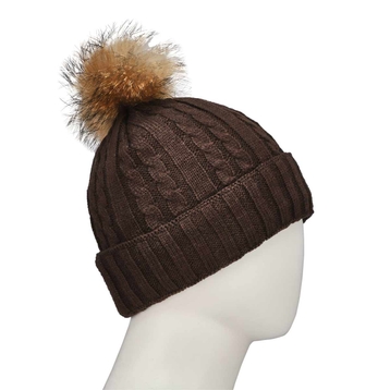 Women's Cable Stitch Hat with Fur Pom- Brown