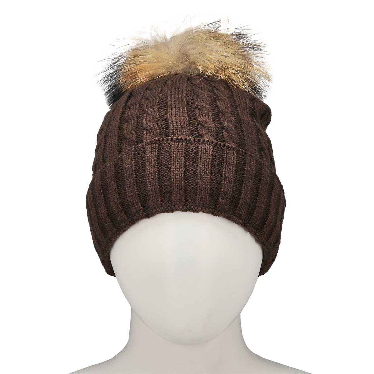 Women's Cable Stitch Hat with Fur Pom- Brown