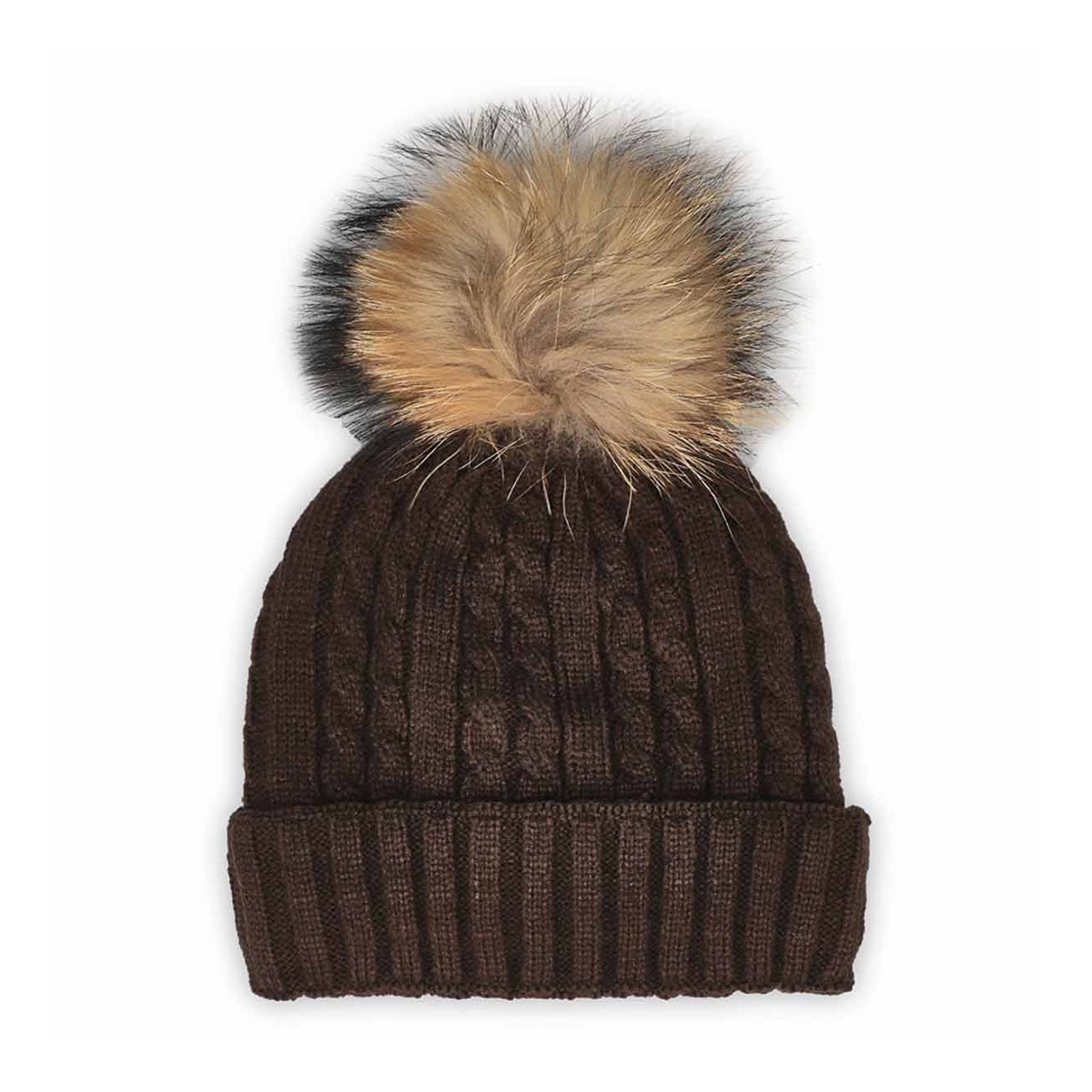 Women's Cable Stitch Hat with Fur Pom- Brown