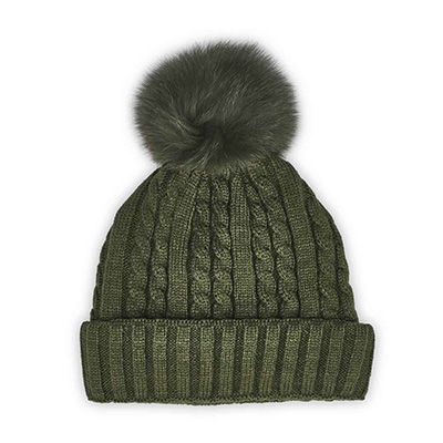 Lds W/Fur Pom Cable Stitch Hat- Green