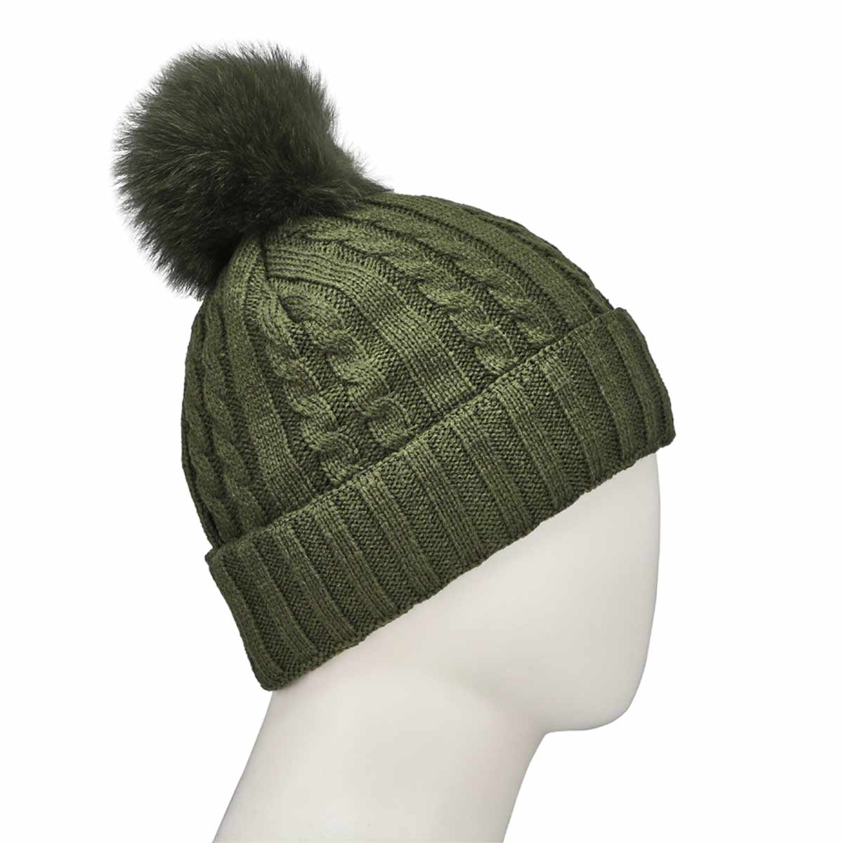 Women's Cable Stitch Hat with Fur Pom - Green