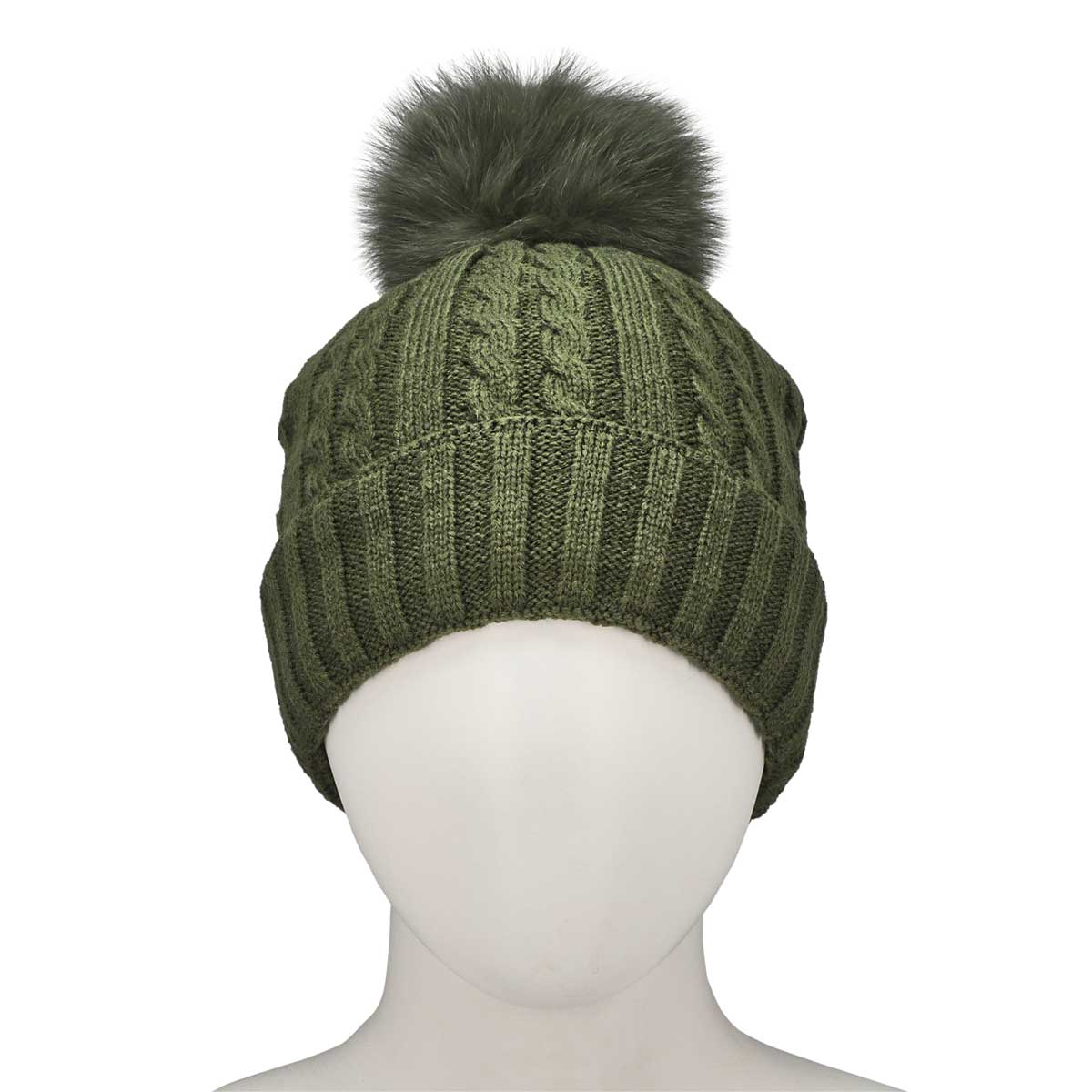 Women's Cable Stitch Hat with Fur Pom - Green