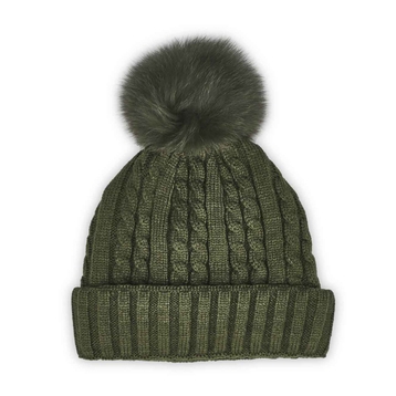 Women's Cable Stitch Hat with Fur Pom - Green