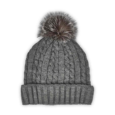 Lds W/Fur Pom Cable Stitch Hat-Grey
