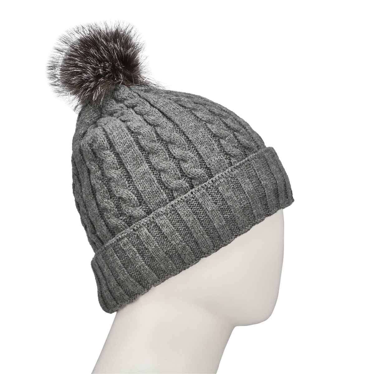 Women's grey with fur pom cable stitch hats