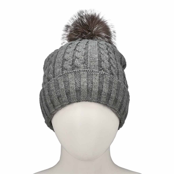 Women's grey with fur pom cable stitch hats