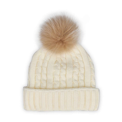 Lds W/Fur Pom Cable Stitch Hat-Ivory