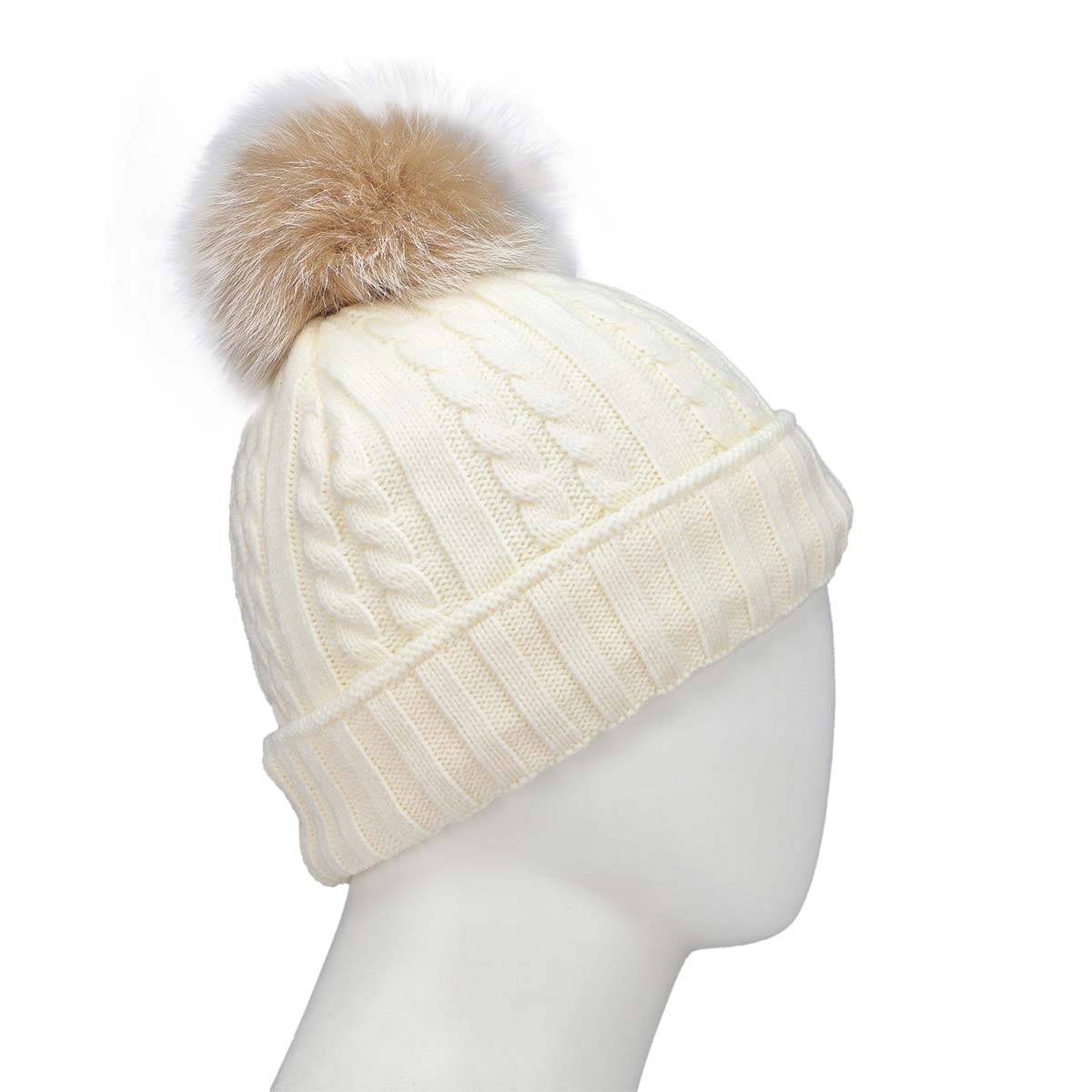 Women's ivory with fur pom pom cable stitch hats