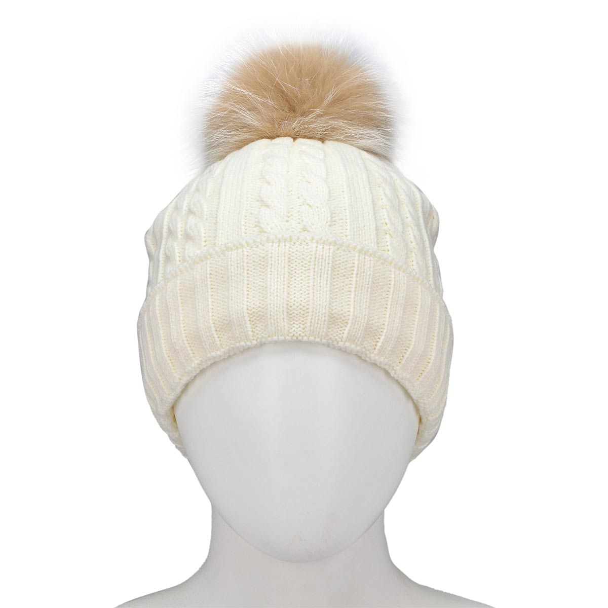 Women's ivory with fur pom pom cable stitch hats