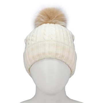 Women's ivory with fur pom pom cable stitch hats