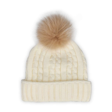 Women's ivory with fur pom pom cable stitch hats