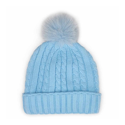 Lds W/Fur Pom Cable Stitch Hat- Lt Blue
