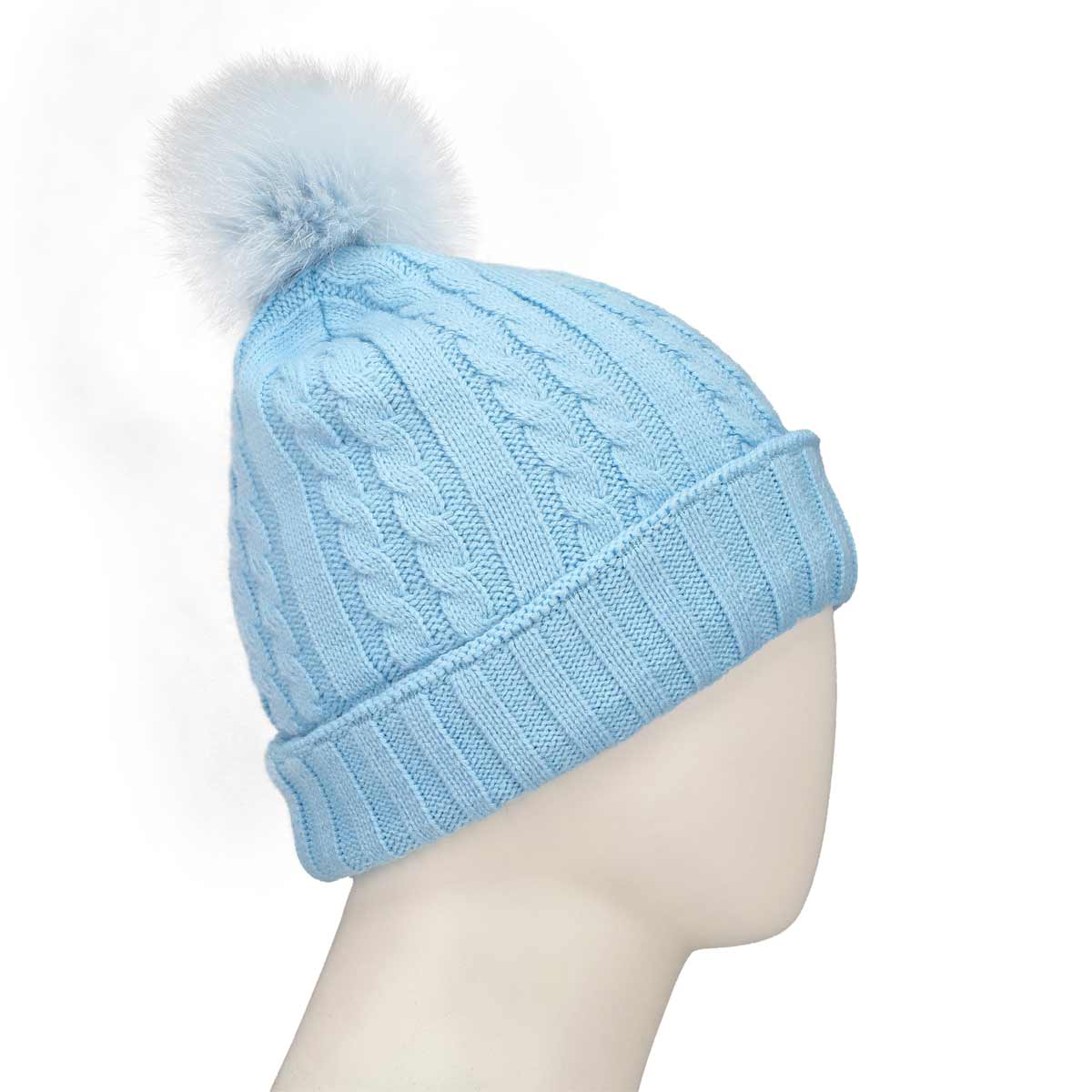 Women's light blue with fur pom cable stitch hats