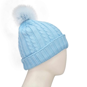 Women's light blue with fur pom cable stitch hats