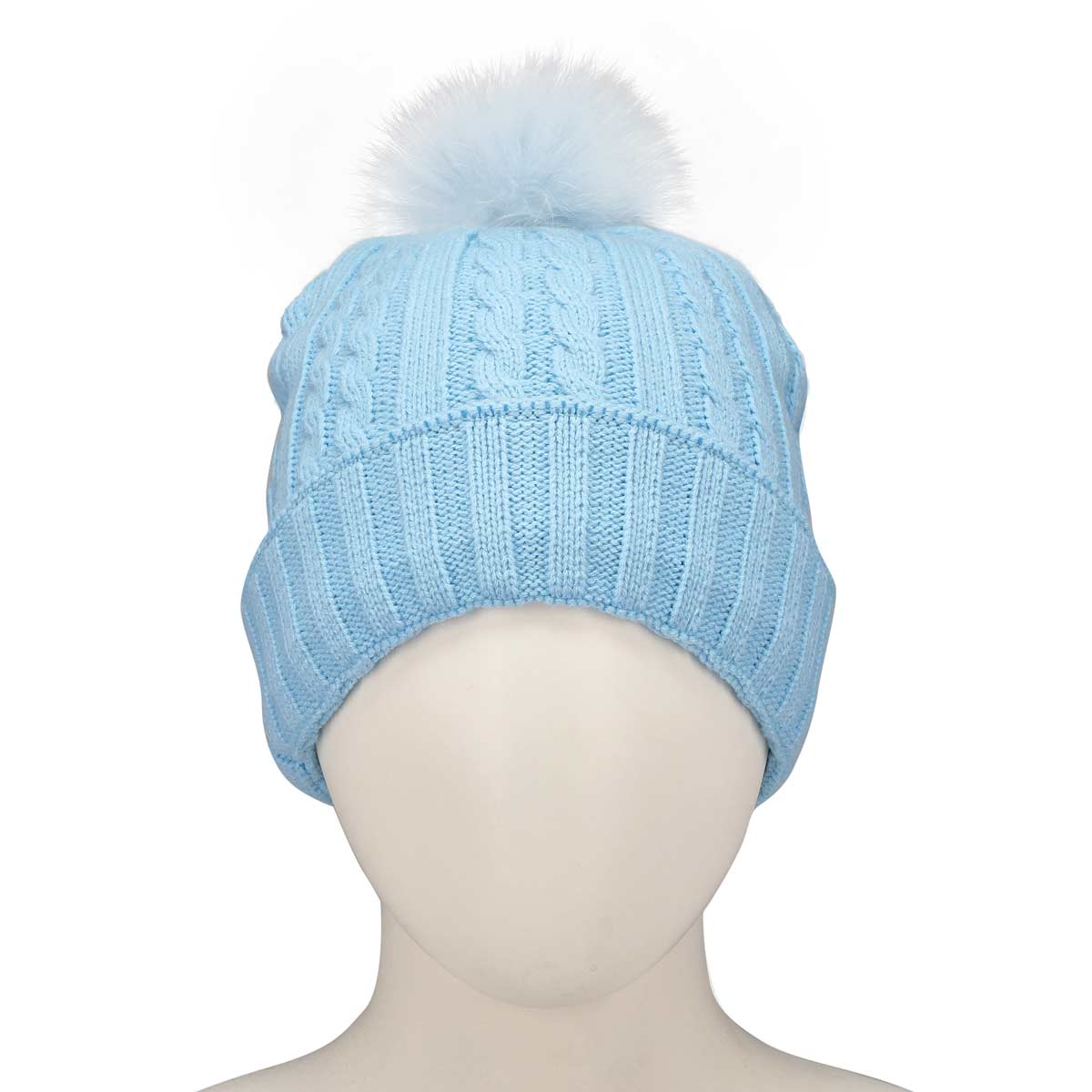 Women's light blue with fur pom cable stitch hats