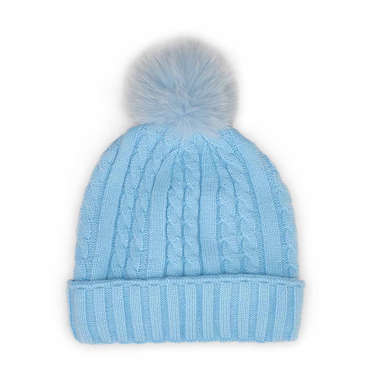 Women's light blue with fur pom cable stitch hats