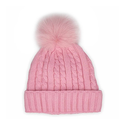 Lds W/Fur Pom Cable Stitch Hat-Pink