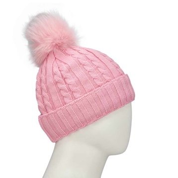 Women's pink with fur pom cable stitch hats