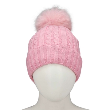 Women's pink with fur pom cable stitch hats