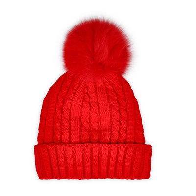 Lds W/Fur Pom Cable Stitch Hat- Red